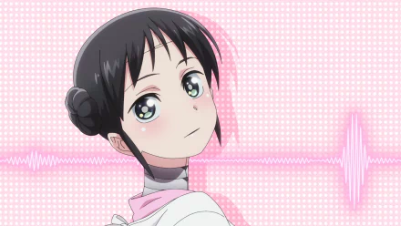 HD PC desktop wallpaper featuring Mina from the anime My Wife Has No Emotion, set against a pink background with heartbeat wave patterns.