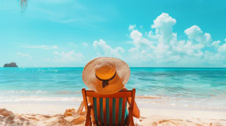 A person relaxes in a beach chair, wearing a wide-brimmed hat, overlooking serene turquoise waters and fluffy clouds, capturing the essence of a tranquil beach vacation.