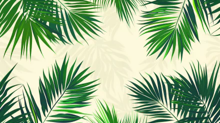 HD desktop wallpaper with vibrant green palm leaves set against a light beige background.