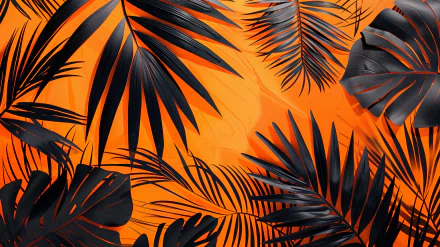 HD desktop wallpaper featuring black tropical leaves against a vibrant orange background, creating a striking nature-inspired image.