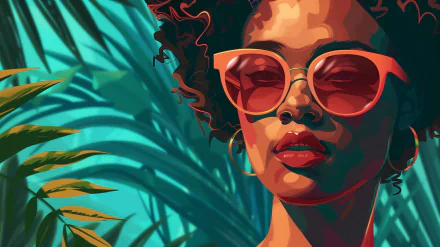 Illustrated woman with vibrant red sunglasses, curly hair, and hoop earrings, exudes summer aesthetic against a backdrop of lush tropical leaves. HD desktop wallpaper and background.