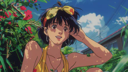 Anime-style depiction of a woman enjoying a summer day. She is wearing a yellow outfit with a headband, surrounded by lush greenery and flowers, set against a bright, blue sky. HD desktop wallpaper.