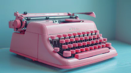 HD desktop wallpaper featuring a vintage pink typewriter on a blue background.