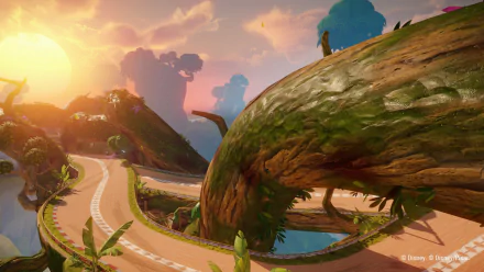 HD desktop wallpaper and background featuring a vibrant sunset scene from the video game Disney Speedstorm, showcasing a winding race track with lush greenery and towering, curved trees.