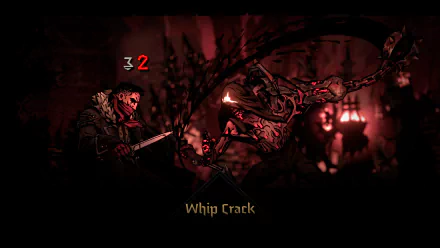 HD desktop wallpaper featuring a dramatic battle scene from the video game Darkest Dungeon II, showing a character taking a hit labeled Whip Crack in dark, intense colors.