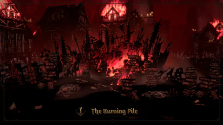 A HD desktop wallpaper and background from the video game Darkest Dungeon II, featuring a fiery destruction scene titled The Burning Pile with dark, ominous buildings and glowing embers.