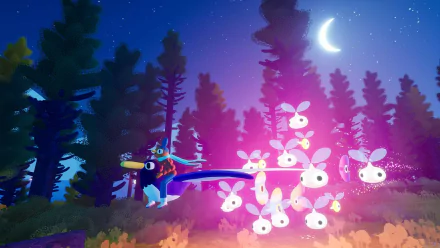 A vibrant HD desktop wallpaper of the video game Flock featuring a character riding a large bird with glowing creatures flying around, set against a nighttime forest background with a crescent moon.