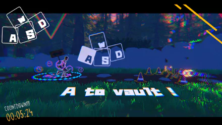 A vibrant HD wallpaper of Aerial_Knight's Never Yield video game. The scene highlights game controls (WASD) and the directive A to vault! against a dynamic and colorful backdrop.