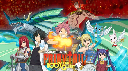 HD PC desktop wallpaper featuring characters from the anime Fairy Tail: 100 Years Quest, showcasing vibrant action poses and fantasy elements in a dynamic composition.