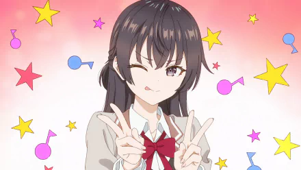 HD anime desktop wallpaper featuring Yuki Suou from Alya Sometimes Hides Her Feelings, striking a playful pose against a pink background with colorful stars.