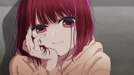 HD anime desktop wallpaper featuring Kana Arima from Oshi no Ko with expressive eyes and red hair, set against a muted background.