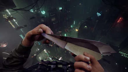 High-definition desktop wallpaper featuring a scene from the video game Nobody Wants to Die, showing hands holding a paper airplane over a neon-lit futuristic cityscape.