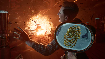 HD wallpaper and background from the video game Nobody Wants to Die, depicting intense action with an explosion and a character viewed through a magnifying glass.