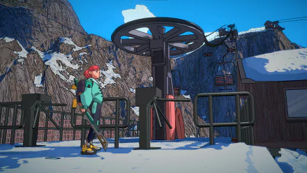 This HD desktop wallpaper from the video game Dungeons of Hinterberg shows a character standing at a snow-covered ski lift station, surrounded by mountainous terrain.