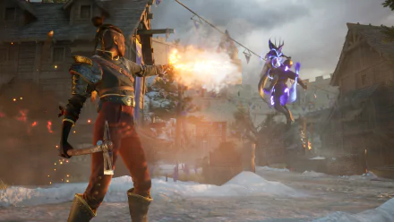 A character fires a gun with a blast of flame at a spectral enemy in a snowy village, captured in a HD desktop wallpaper from the video game Flintlock: The Siege of Dawn.