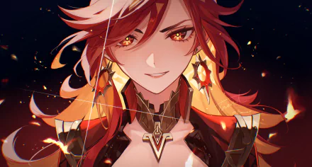 HD wallpaper featuring Mavuika from the video game Genshin Impact, showcasing a detailed character design with fiery red hair, intricate jewelry, and a confident expression against a dark background.