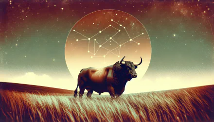 HD desktop wallpaper featuring a powerful bull under a starry sky, with the Taurus constellation glowing behind it. The background showcases a serene, cosmic landscape.
