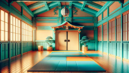 HD desktop wallpaper of a serene dojo. The image features traditional Japanese architecture, with tatami mats, sliding doors, and soft lighting, creating a calm and peaceful ambiance.