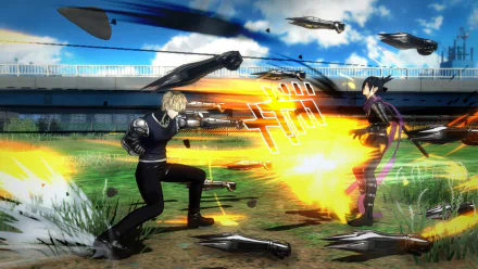 HD desktop wallpaper and background from One Punch Man: A Hero Nobody Knows video game, depicting an intense fight scene with dynamic action effects and vibrant colors.