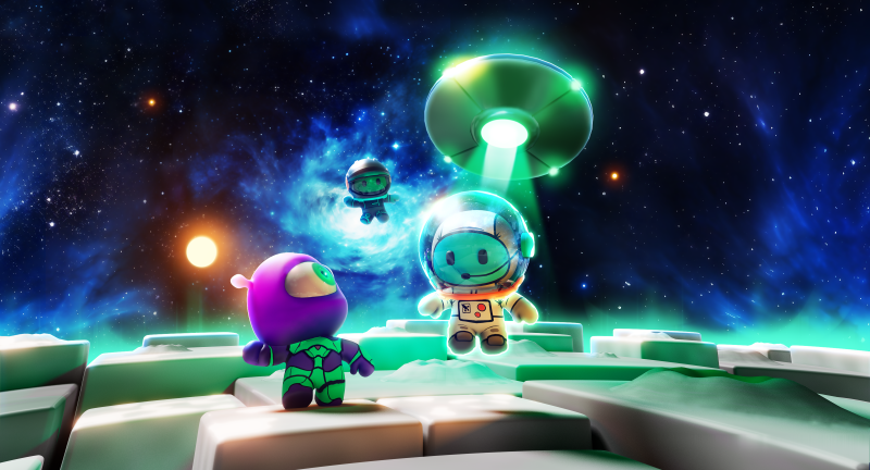 {{ HD wallpaper from the video game Rumble Club featuring cartoonish characters encountering a UFO on a vibrant cosmic backdrop. 