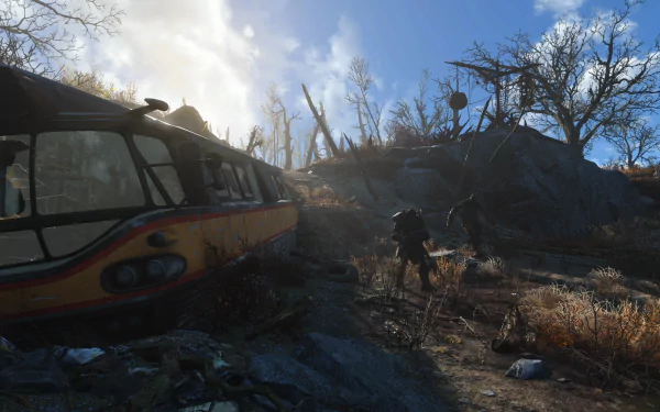 HD desktop wallpaper from the video game Fallout 4, featuring a post-apocalyptic landscape with an abandoned bus and a character in power armor exploring the desolate environment.