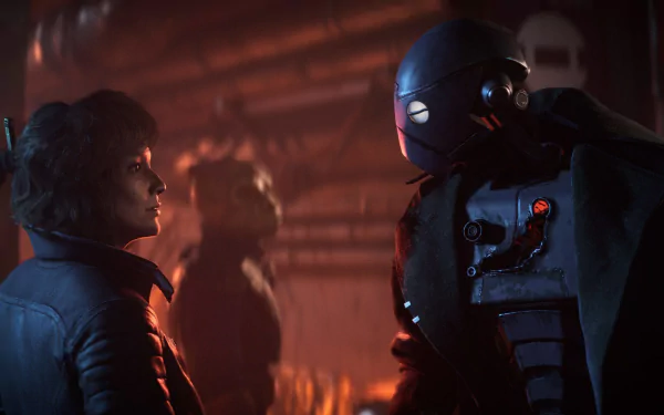 HD desktop wallpaper featuring a scene from the video game 'Star Wars Outlaws', depicting a human character confronting an armored individual with a futuristic helmet in a dimly lit, atmospheric setting.