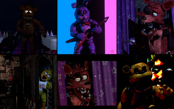 Malevolent animatronics from Freddy Fazbear's Pizza haunt a dark, eerie video game setting.