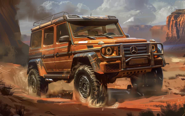 A dynamic illustration of a Mercedes-Benz G-Class driving through rugged terrain, set against a dramatic landscape. This HD image serves as a striking desktop wallpaper.