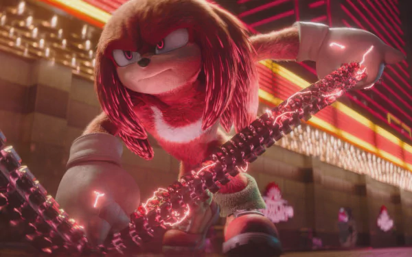 HD wallpaper featuring Knuckles the Echidna, an animated character from the Sonic the Hedgehog series, showing a confident expression and preparing for action in a vividly lit environment.
