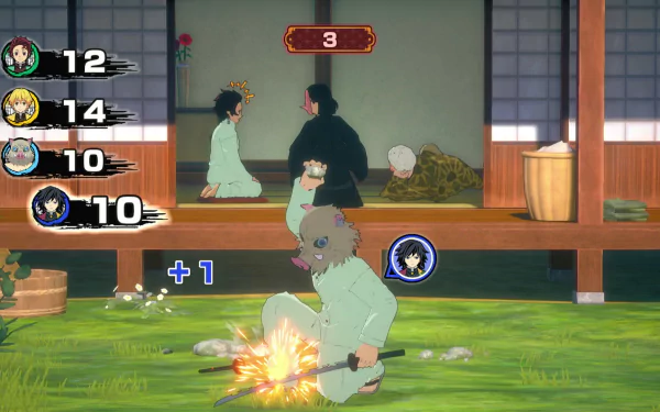 HD desktop wallpaper from the video game Demon Slayer -Kimetsu no Yaiba- Sweep the Board, featuring characters in a traditional Japanese setting engaged in a lively board game with score indicators visible.