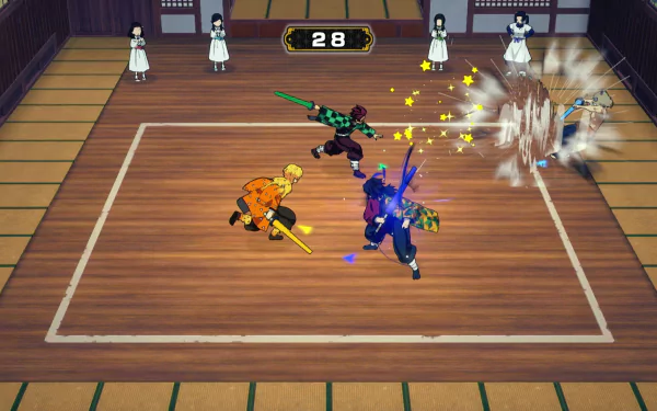 HD desktop wallpaper from the video game 'Demon Slayer -Kimetsu no Yaiba- Sweep the Board!' depicting characters engaged in a battle on a wooden floor, with visual effects indicating movement and impact.