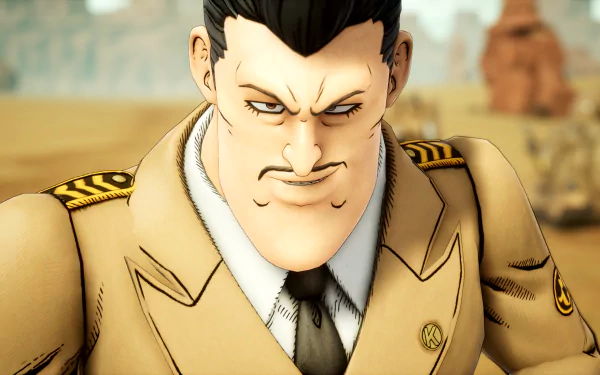 HD desktop wallpaper featuring a character from the video game Sand Land, with a detailed, stylized male character in a desert military uniform, set against a desert background.