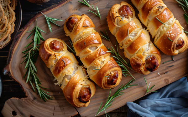 Delicious Pigs in a Blanket arranged on a wooden platter, garnished with fresh rosemary, creating a mouthwatering HD wallpaper and background for food lovers.