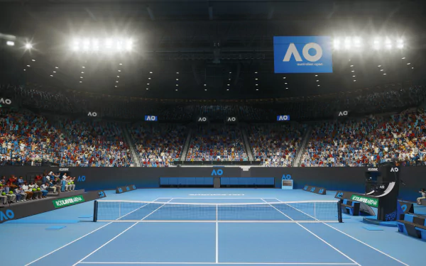 HD desktop wallpaper from TopSpin 2K25 video game, featuring a realistic tennis court scene at Australian Open with a packed crowd.