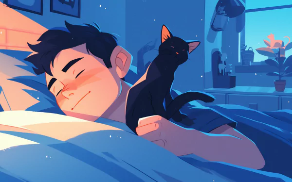 HD wallpaper featuring a man sleeping peacefully with a black cat on his back, in a room bathed in soft blue morning light.
