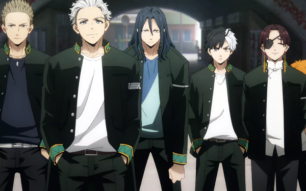 Anime-style 4K Ultra HD desktop wallpaper featuring five characters from Wind Breaker standing confidently in school uniforms.