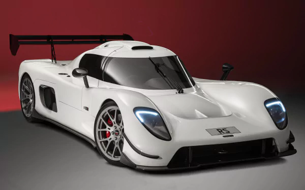 HD desktop wallpaper featuring a white Ultima RS sports car with a large rear spoiler and sleek design, set against a red background.