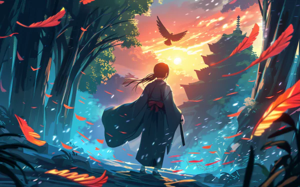 HD desktop wallpaper featuring a serene anime landscape with a character in traditional attire standing in a vividly colored forest bathed in sunlight, as leaves flutter and birds soar.