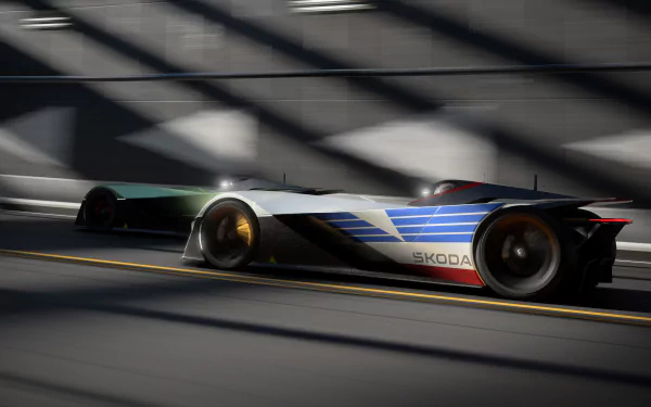 HD wallpaper of a Škoda Vision GT racing car speeding on a track, featuring dynamic shadows and lighting.