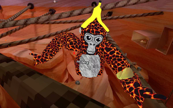 HD wallpaper from the video game Gorilla Tag, featuring a cartoon gorilla with lava-like skin, wearing a VR headset and a banana hat in a wooden environment.