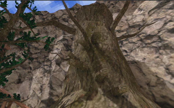 HD desktop wallpaper featuring a large, textured tree from the video game Gorilla Tag, set against a rugged cliff backdrop.