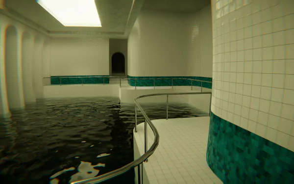 HD desktop wallpaper of a serene indoor pool from a video game, featuring elegant white tiles and calm reflective water.