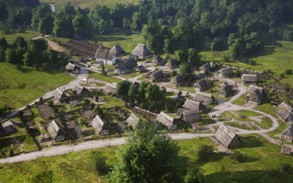 HD desktop wallpaper from the video game Manor Lords, showcasing a detailed medieval village with thatched-roof cottages and winding dirt roads.