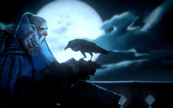 HD desktop wallpaper from the video game No Rest for the Wicked featuring a mystical figure with a raven perched on his hand under a moonlit sky.