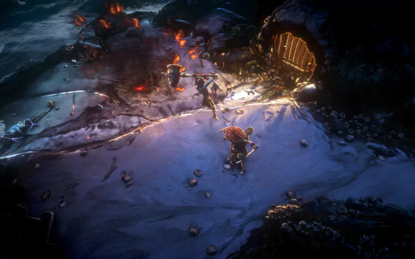 HD desktop wallpaper from the video game No Rest for the Wicked, featuring a warrior on a glowing, fiery battlefield near a dark cavern.