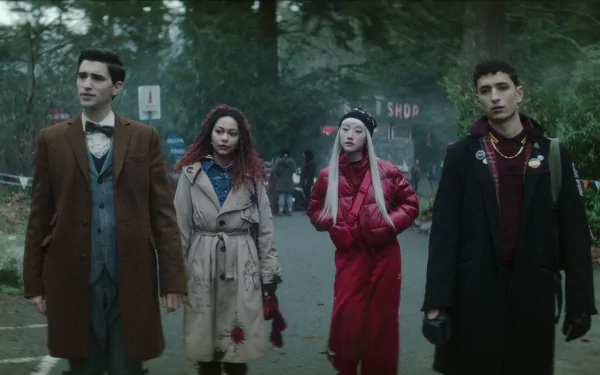 HD desktop wallpaper and background featuring the main characters from the TV show Dead Boy Detectives walking through a misty, wooded area.