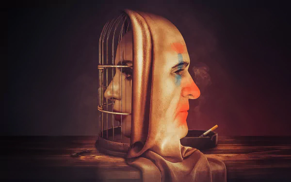 HD desktop wallpaper featuring a stylized profile portrait of the Joker with a cage mask and pipe from the movie Joker: Folie à Deux.