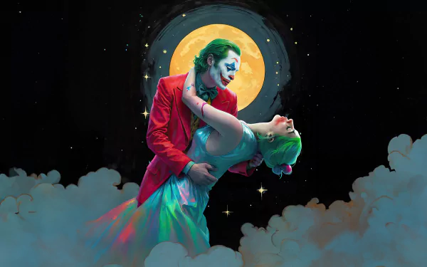 HD wallpaper of Joaquin Phoenix and Lady Gaga as characters from Joker: Folie à Deux, depicted in a romantic dance among clouds under a moonlit sky.