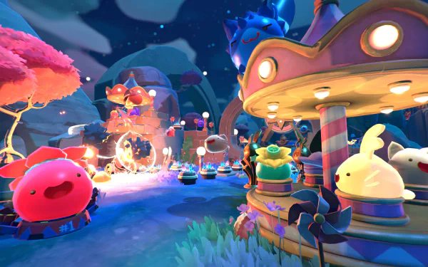HD desktop wallpaper from the video game Slime Rancher 2, showcasing colorful slimes in a vibrant, whimsical night-time setting.