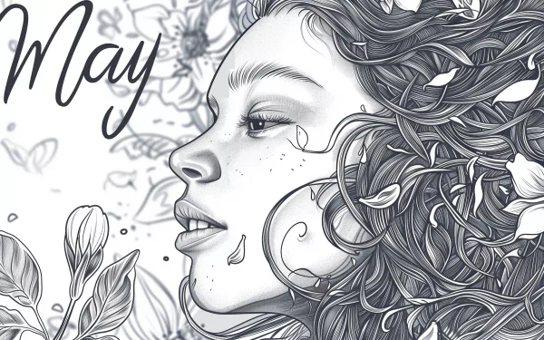 HD desktop wallpaper for May featuring a detailed illustration of a woman with floral and leaf designs entwined in her hair.